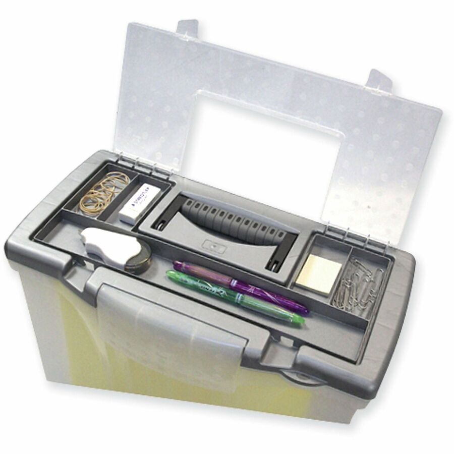 Internal Dimensions: 14.50" Width x 10.50" Depth x 12" Height - External Dimensions: 14.5" Width x 10.5" Depth x 12" Height - Media Size Supported: Letter, Legal - Latching Closure - Plastic - Clear, Silver - For File - 1 Each