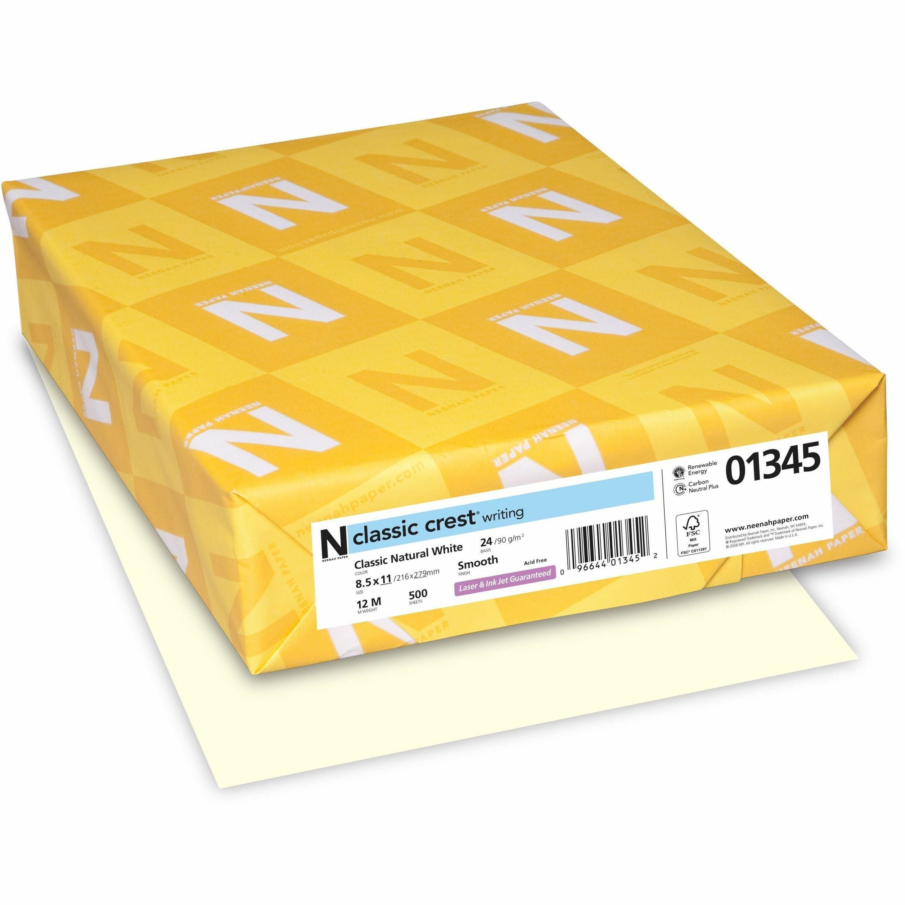 Letter - 8 1/2" x 11" - Smooth - Green Seal - Watermarked, Acid-free, No Cotton Content, Ream-wrapped - Natural White - 500 / Ream