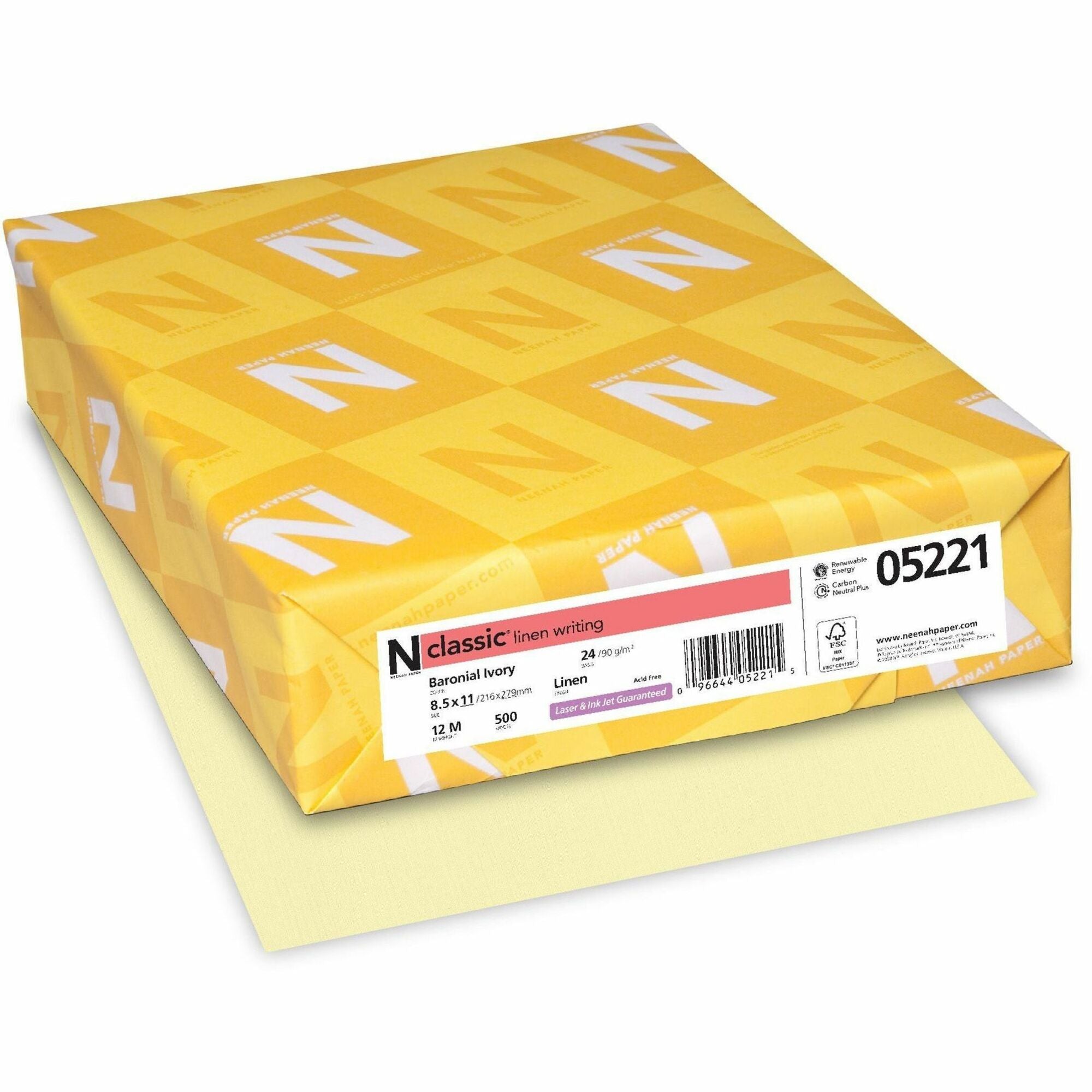 Letter - 8 1/2" x 11" - 24 lb Basis Weight - Linen - Carbon Neutral - Watermarked, Acid-free, Archival-safe, Printable - Baronial Ivory - 500 / Ream