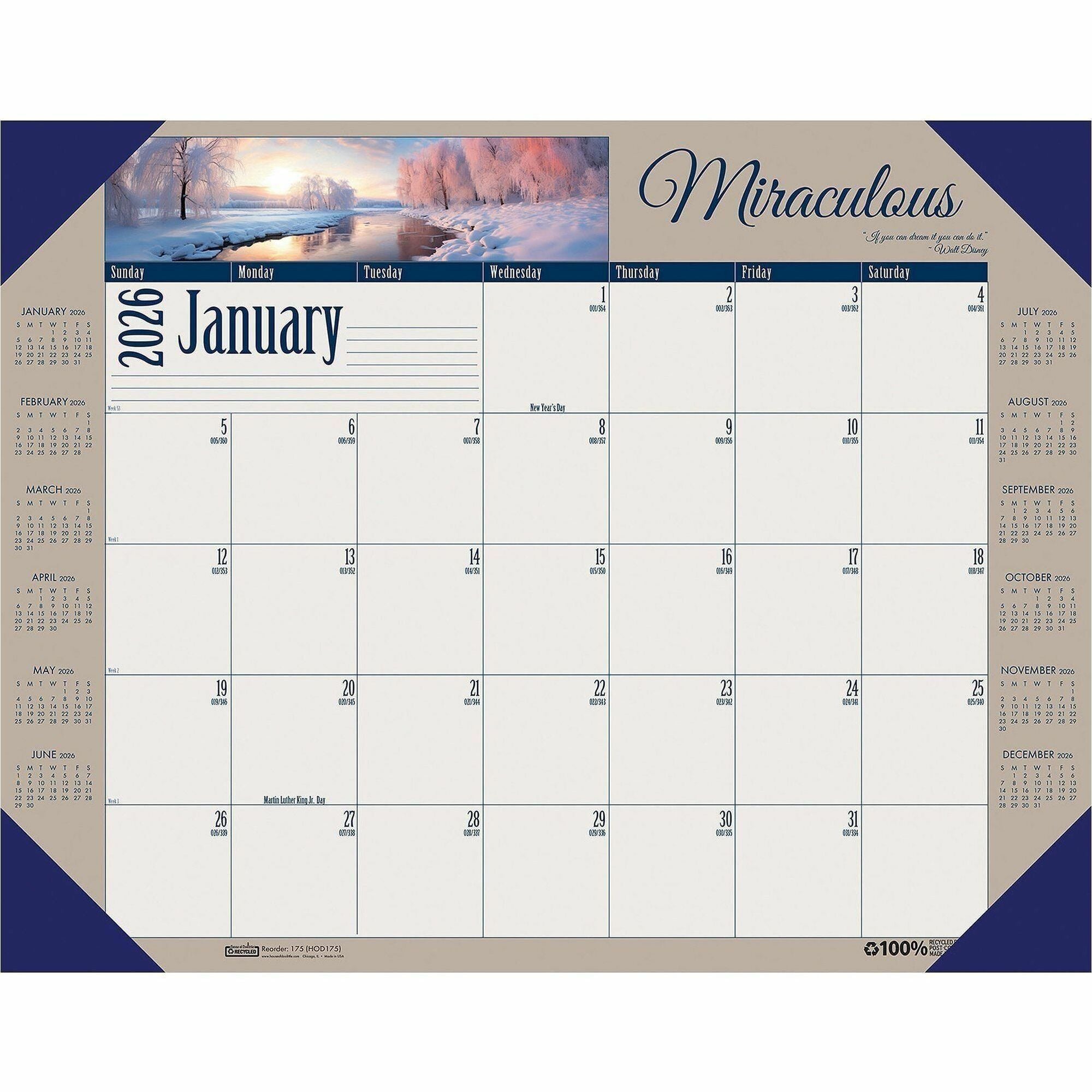 Julian Dates - Monthly - 12 Month - January 2026 to December 2026 - 1 Month Single Page Layout - 22" x 17" Sheet Size - Desk Pad - Leatherette, Paper - 1 Each