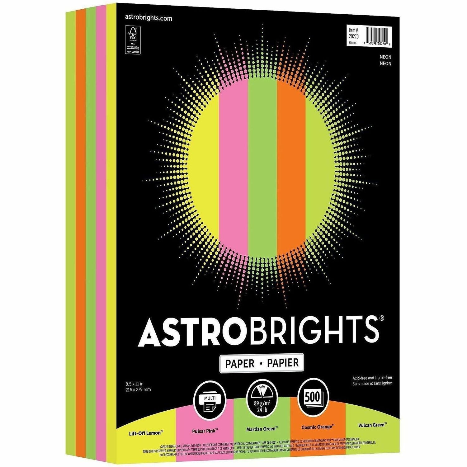 Letter - 8 1/2" x 11" - 24 lb Basis Weight - Green Seal - Acid-free, Lignin-free, Heavyweight, Fade Resistant - Cosmic Orange, Lift-off Lemon, Martian Green, Pulsar Pink, Vulcan Green - 500 / Ream