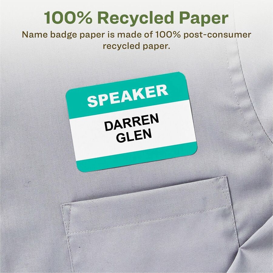 Avery Eco-friendly Premium Name Badge Labels, Matte White, Removable Adhesive, Rectangle, 2 21/64" x 3 3/8", 8 Labels/Sheet, 8 Sheets, 160 Labels/Pack, Recyclable, PVC-free, Chlorine-free, Customizable