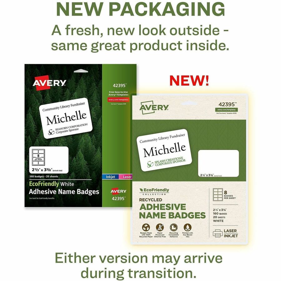 Avery Eco-friendly Premium Name Badge Labels, Matte White, Removable Adhesive, Rectangle, 2 21/64" x 3 3/8", 8 Labels/Sheet, 8 Sheets, 160 Labels/Pack, Recyclable, PVC-free, Chlorine-free, Customizable