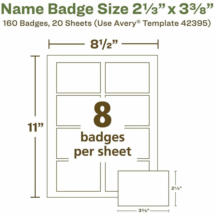 Avery Eco-friendly Premium Name Badge Labels, Matte White, Removable Adhesive, Rectangle, 2 21/64" x 3 3/8", 8 Labels/Sheet, 8 Sheets, 160 Labels/Pack, Recyclable, PVC-free, Chlorine-free, Customizable