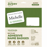 Avery Eco-friendly Premium Name Badge Labels, Matte White, Removable Adhesive, Rectangle, 2 21/64" x 3 3/8", 8 Labels/Sheet, 8 Sheets, 160 Labels/Pack, Recyclable, PVC-free, Chlorine-free, Customizable