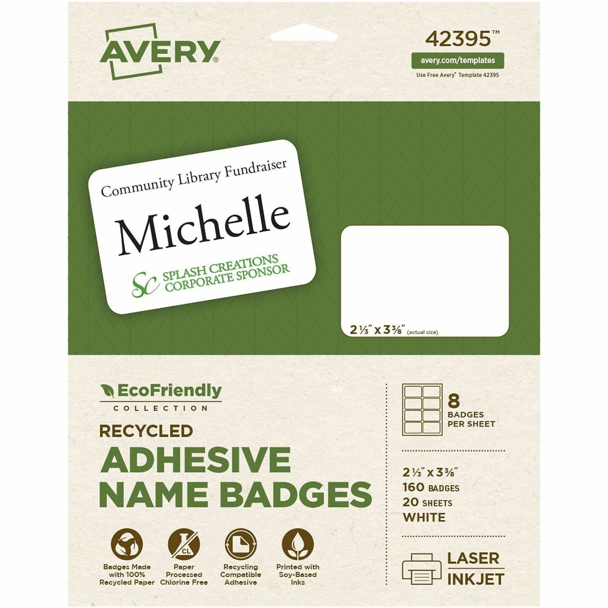 Avery Eco-friendly Premium Name Badge Labels, Matte White, Removable Adhesive, Rectangle, 2 21/64" x 3 3/8", 8 Labels/Sheet, 8 Sheets, 160 Labels/Pack, Recyclable, PVC-free, Chlorine-free, Customizable