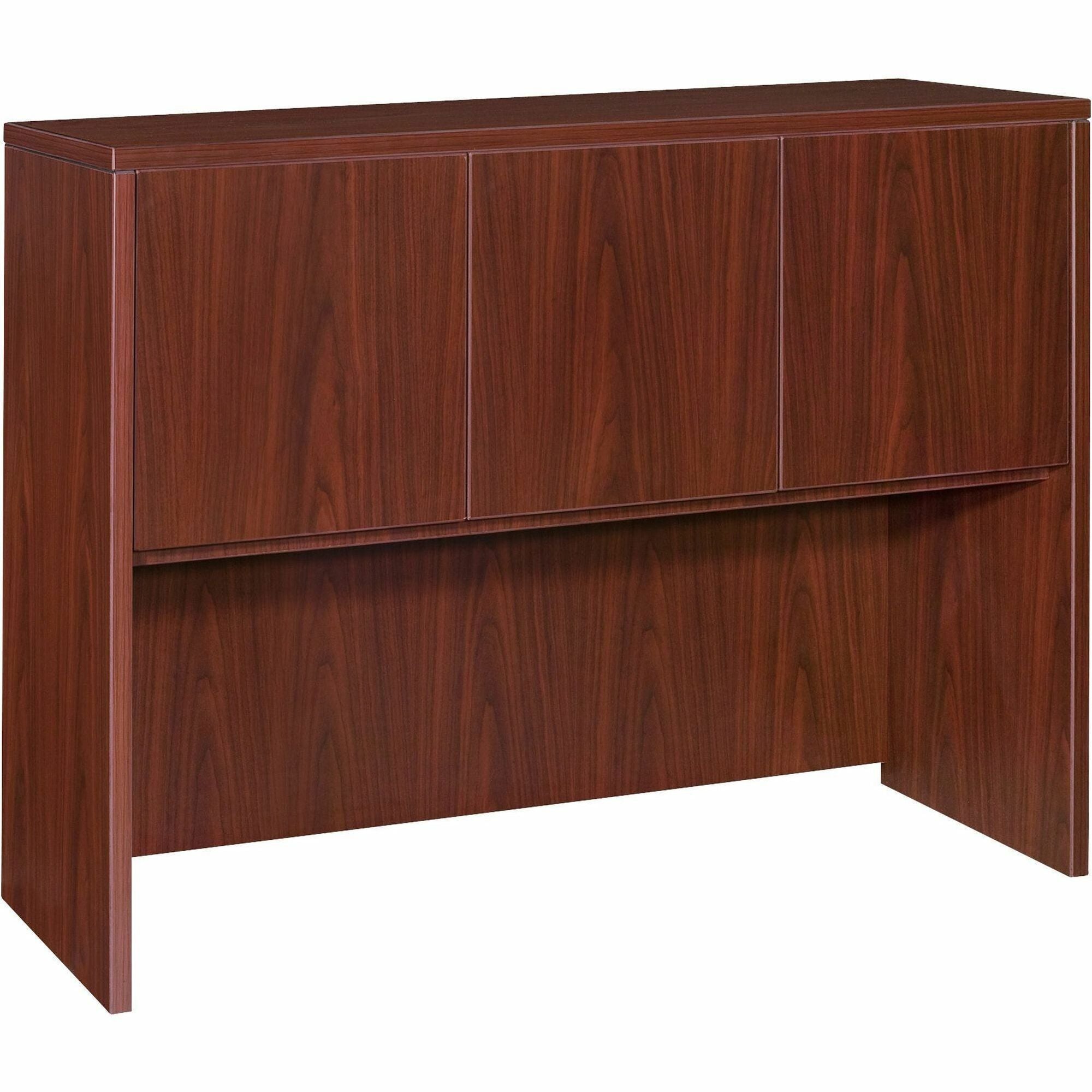 Lorell Essentials Series Stack-on Hutch with Doors - 36" Height x 47.3" Width x 14.8" Depth - 3 Door(s) - Finish: Laminate, Mahogany - Grommet, Cord Management, Durable - 1 Each