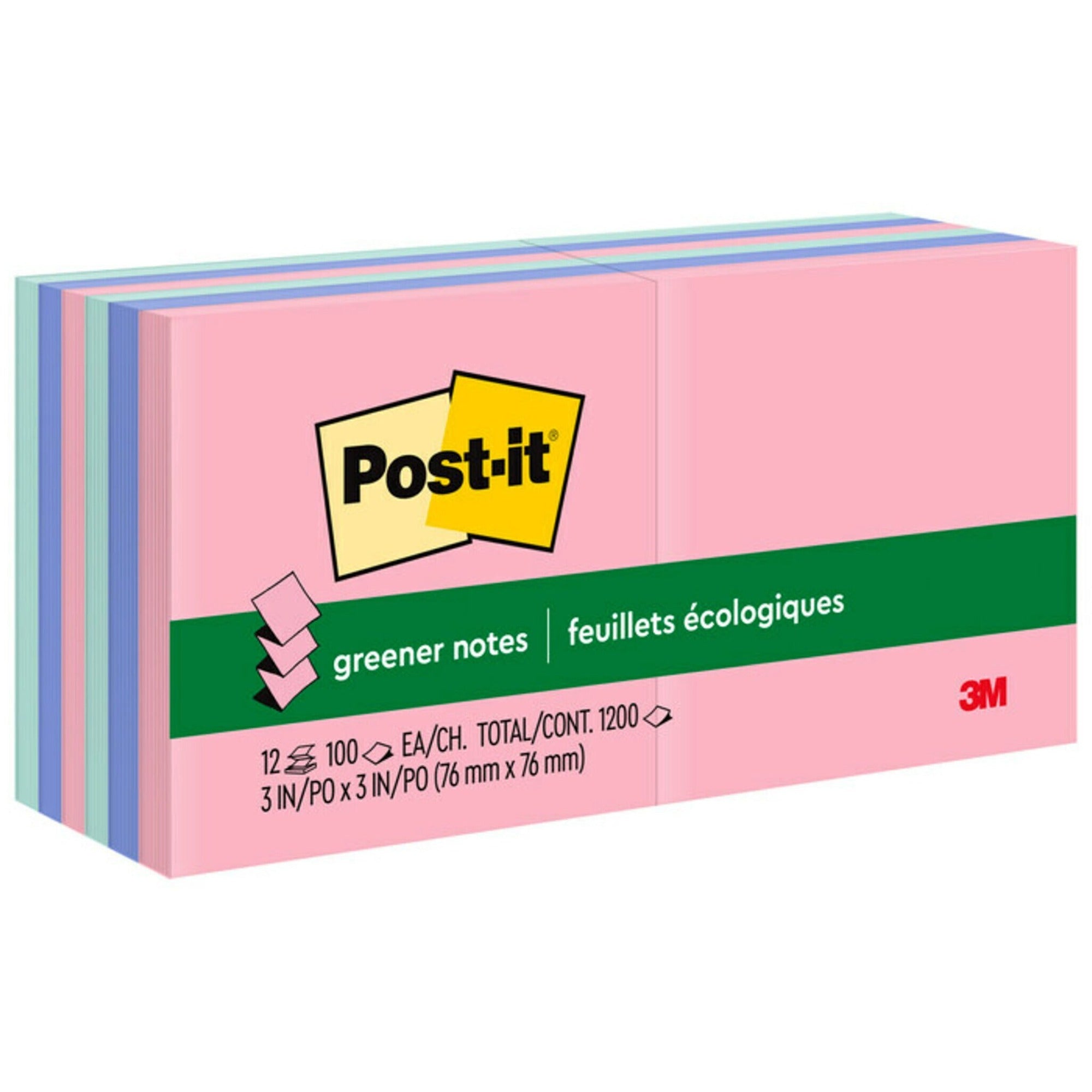 Post-it Greener Dispenser Notes, Sweet Sprinkles Color Collection, 3" x 3", 100 Sheets per Pad, 12 Pads per Pack, Positively Pink, Fresh Mint, Moonstone, Recycled Paper, Pop-up, Unruled