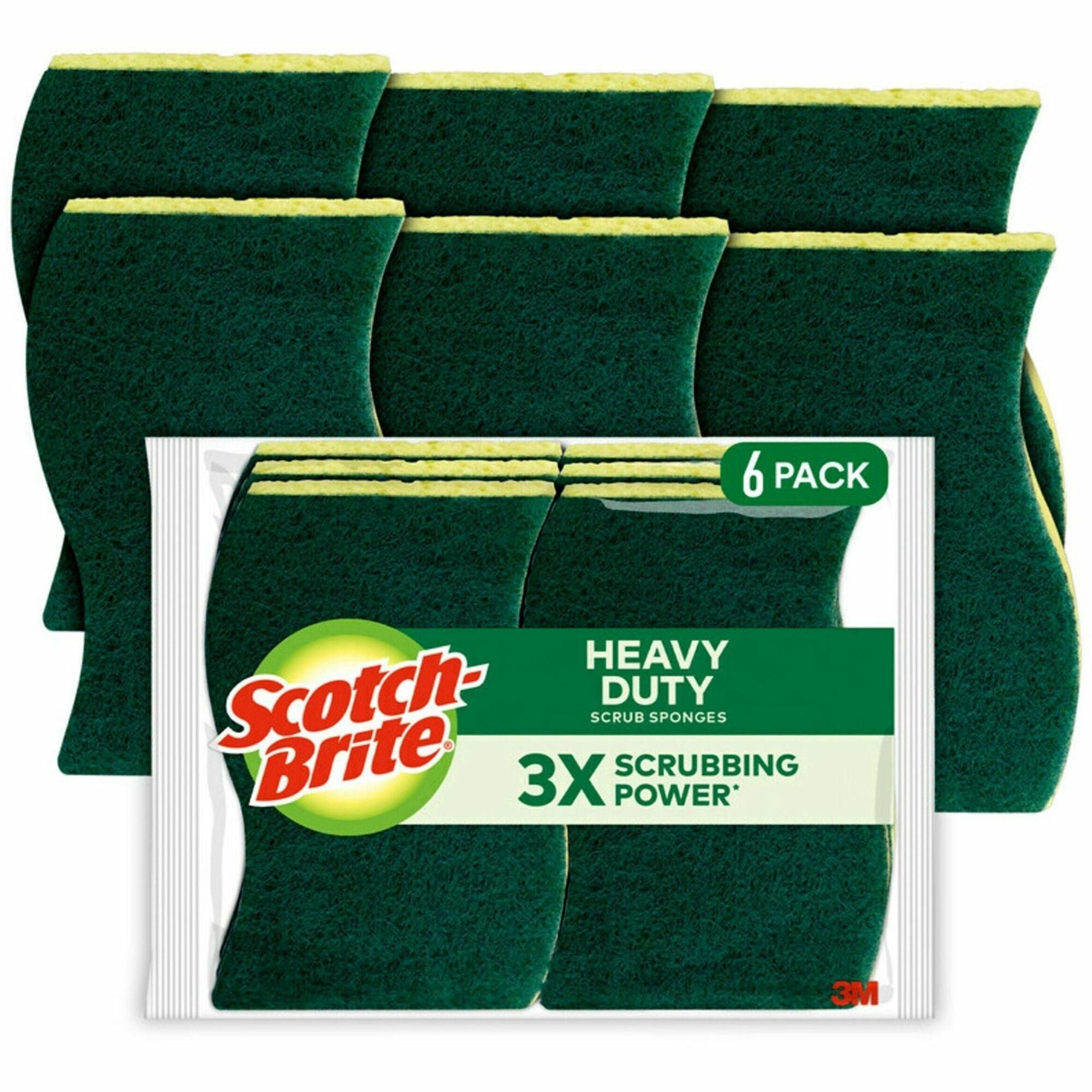 Scotch-Brite Heavy-Duty Scrub Sponges - 2.8" Height x 4.5" Width x 0.6" Depth - 6 / Pack - Green, Yellow