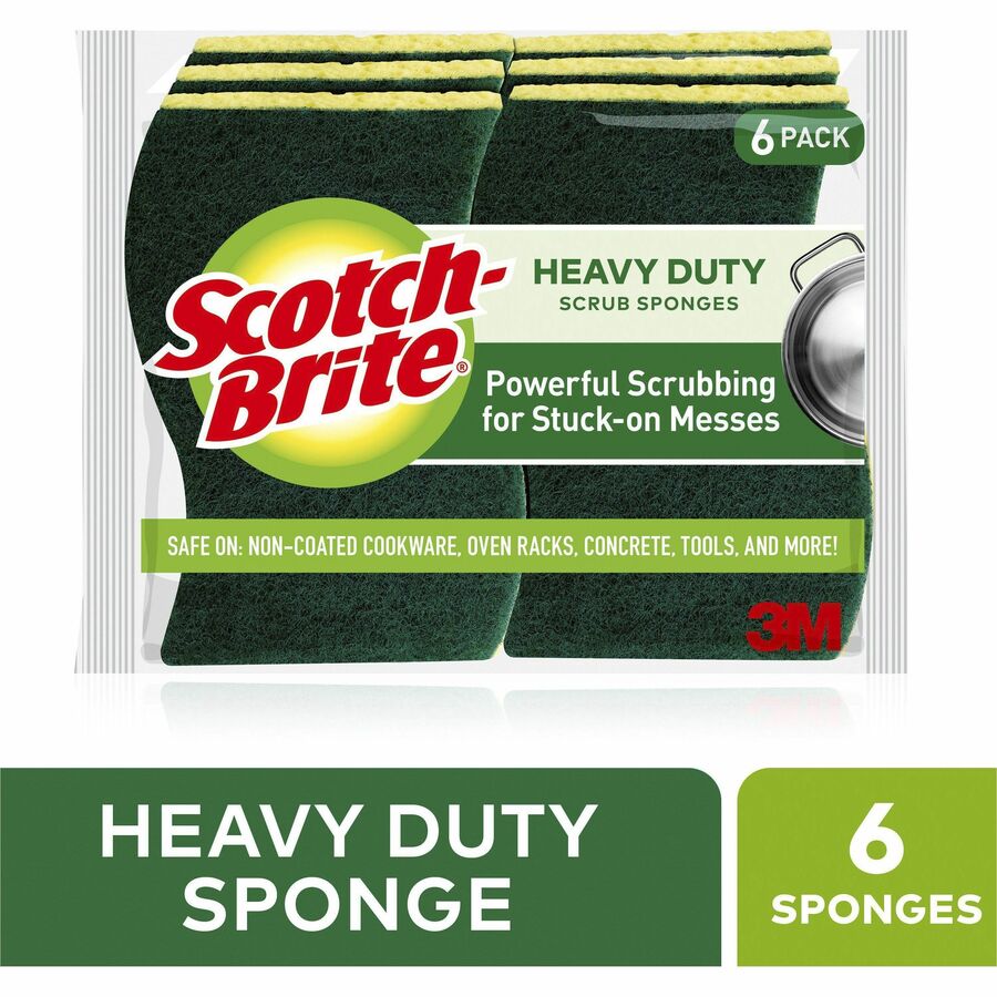 Scotch-Brite Heavy-Duty Scrub Sponges - 2.8" Height x 4.5" Width x 0.6" Depth - 6 / Pack - Green, Yellow