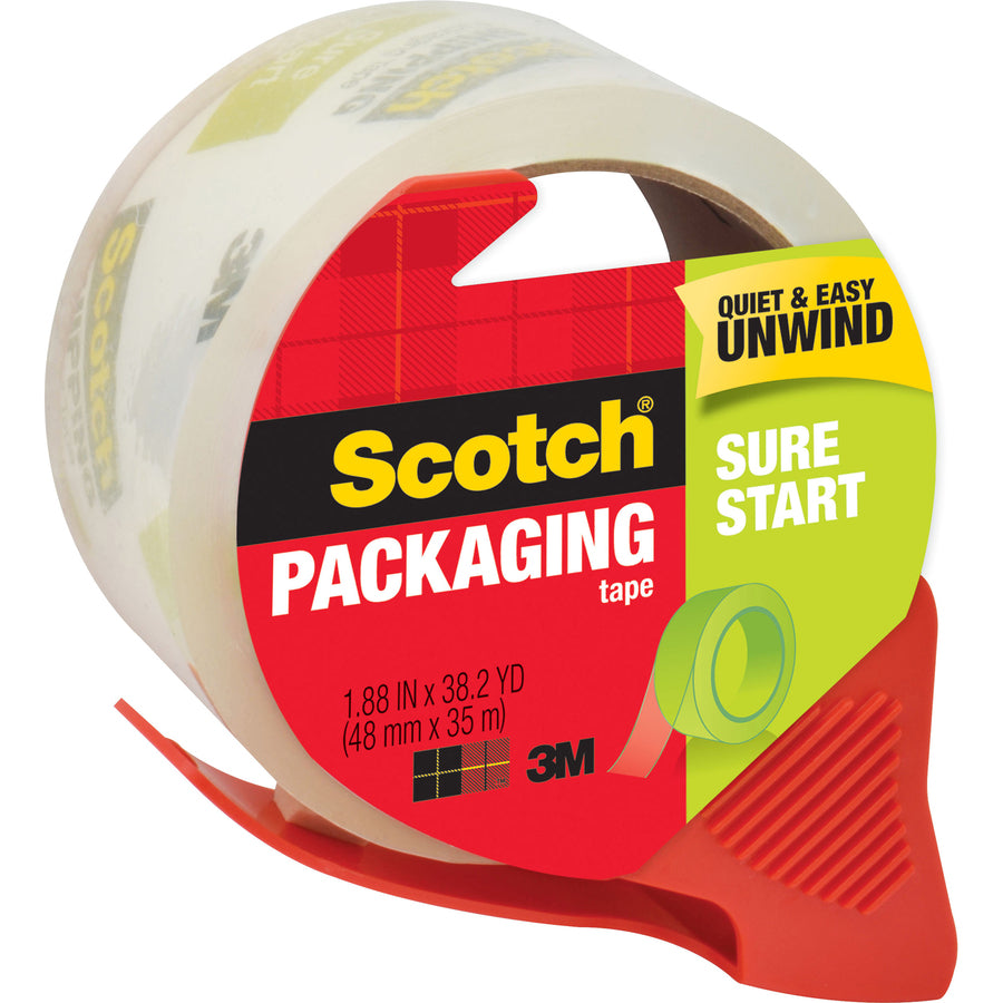 Scotch Sure Start Packaging Tape - 38.20 yd Length x 1.88" Width x 2.6 mil Thickness - 3" Core - Clear - Synthetic Rubber Backing - Dispenser Included - Handheld Dispenser - Breakage Resistance - For Mailing, Moving, Packing, Sealing - 1 Roll