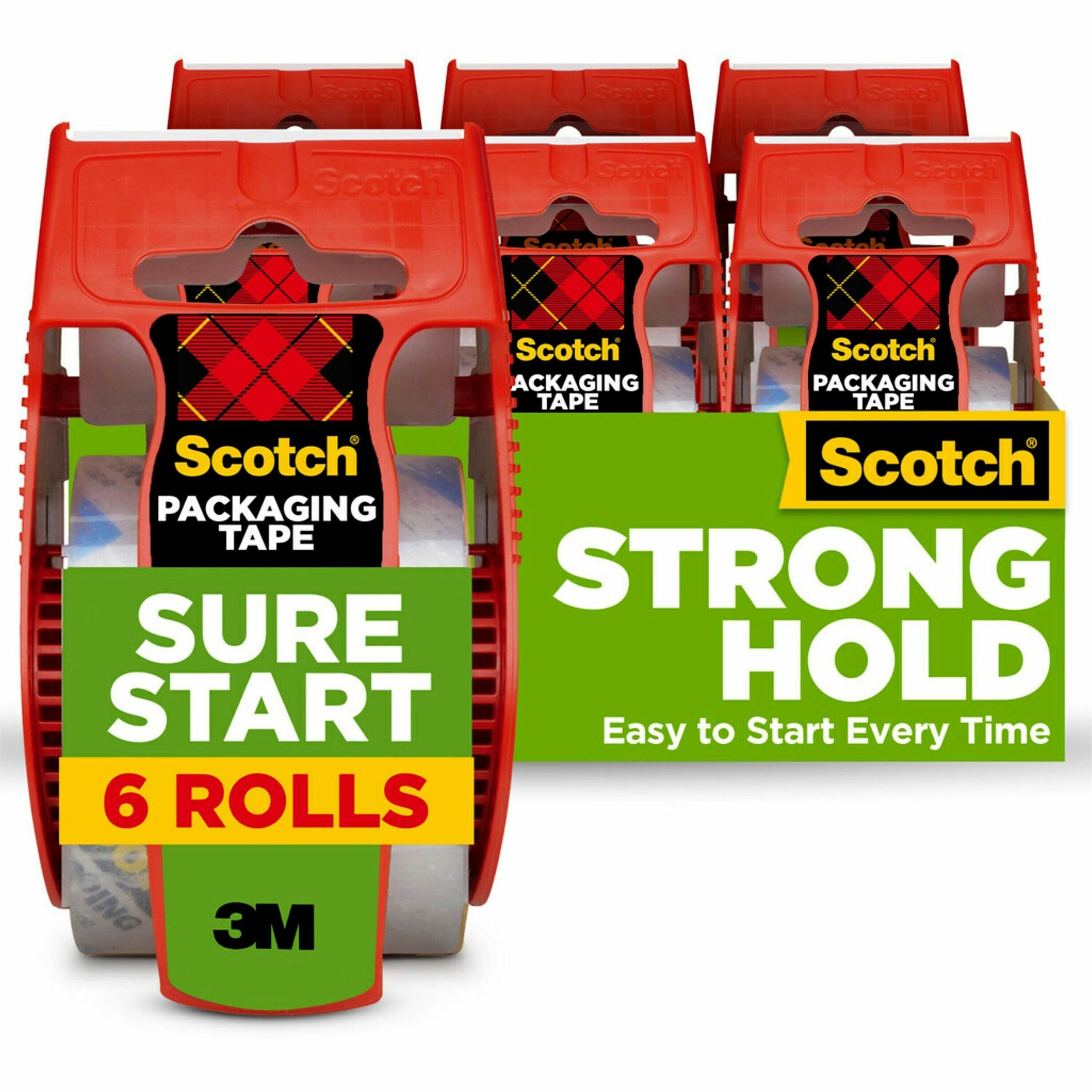 Scotch Sure Start Packaging Tape, 22.20 yd x 1.88" x 2.6 mil, 1 1/2" Core, Clear, Synthetic Rubber Backing, Dispenser Included, Tear & Sliver Resistant, 1 Pack
