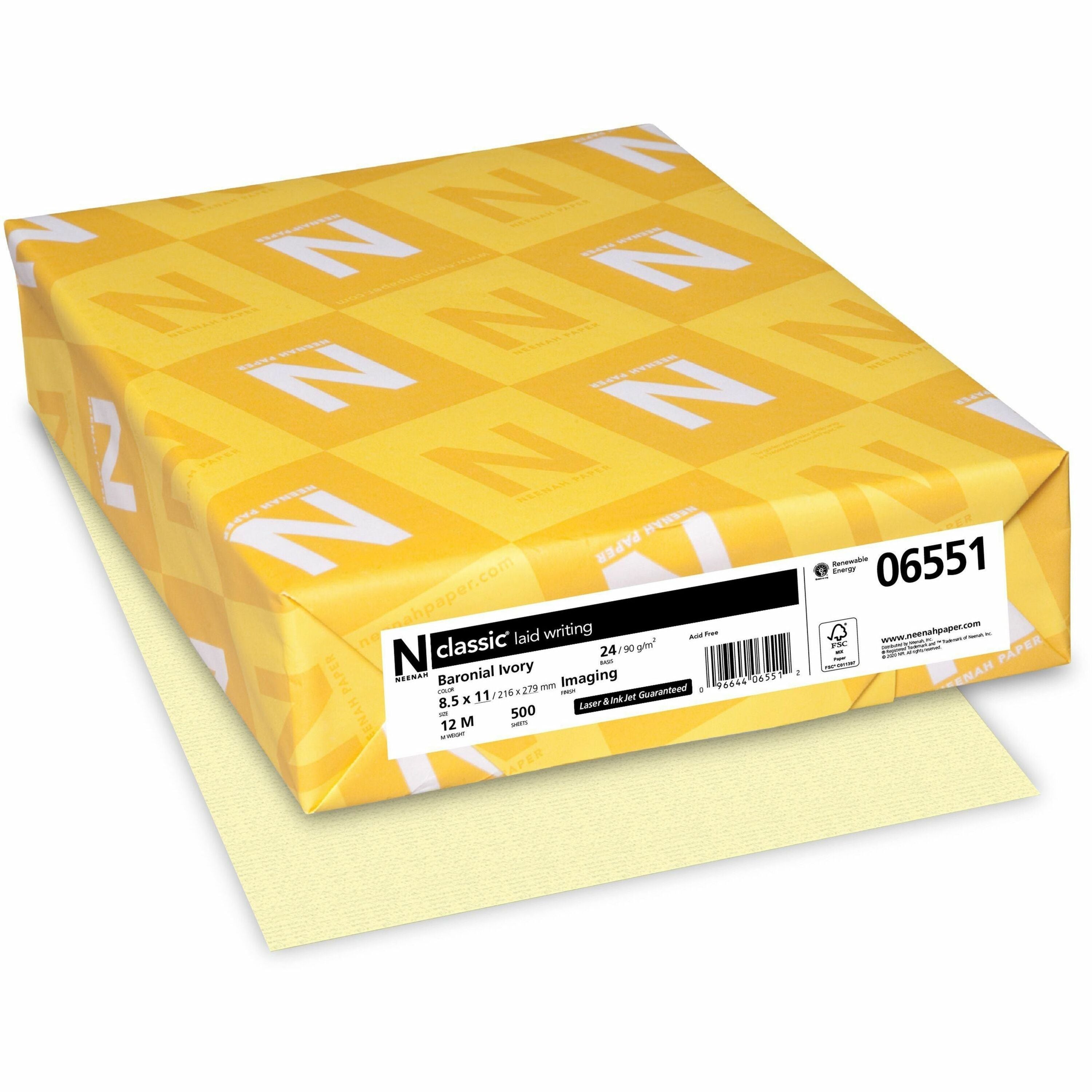 Letter - 8 1/2" x 11" - 24 lb Basis Weight - Laid - Watermarked, Acid-free - Baronial Ivory - 500 / Ream