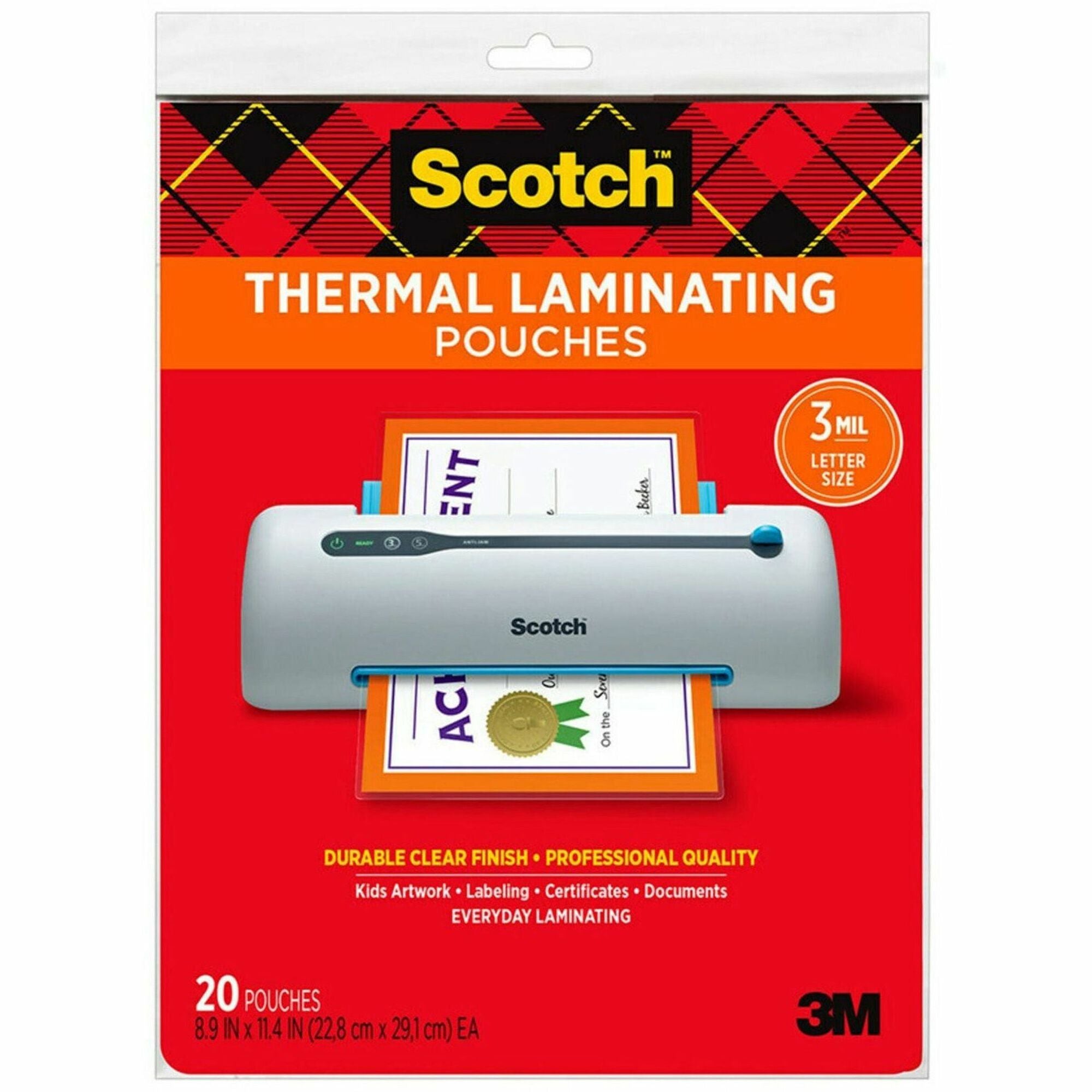 Scotch Thermal Laminating Pouches, Letter Size, 9" x 11.5", 3 mil, Glossy, Photo-Safe, Double Sided, Clear, 20 Pack