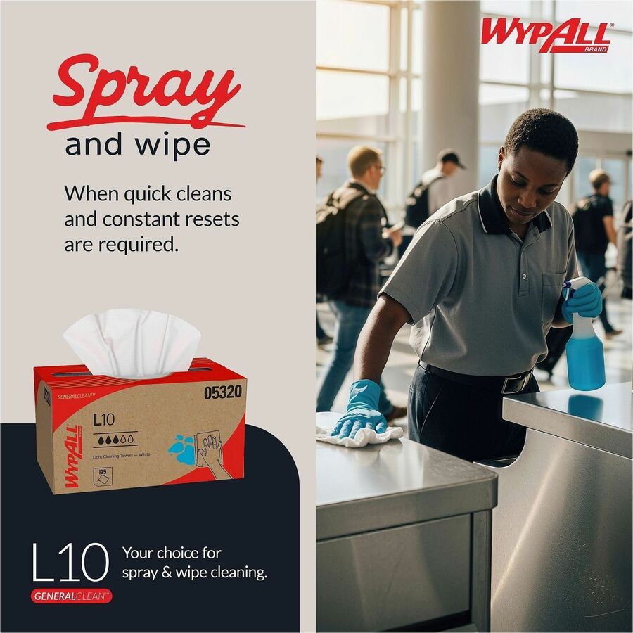 Wypall GeneralClean L10 Light Cleaning Towels - 1 Ply - 9" Width x 10.25" Length - 125/Pack - 1 Carton