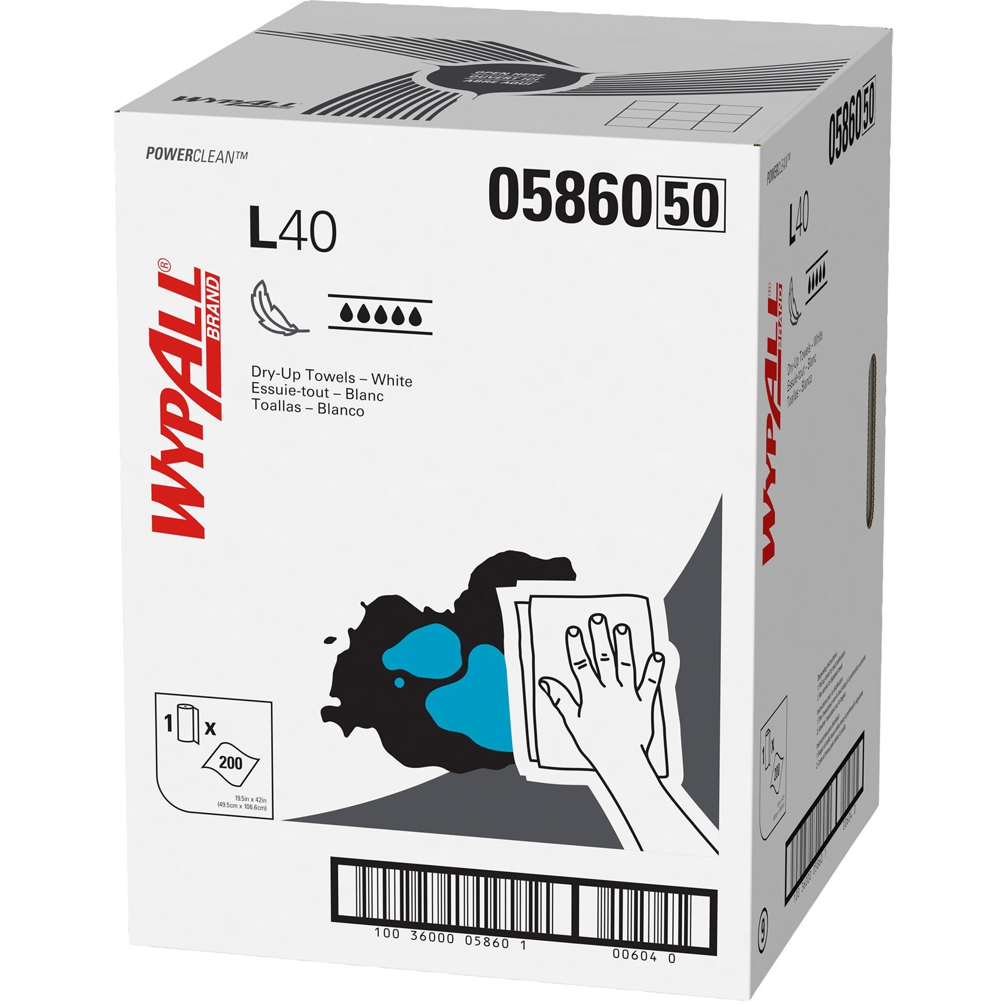 Wypall Power Clean L40 Extra Absorbent Towels - 19.50" Width x 42" Length - 200 Sheets/Roll - White, Blue - Hydroknit - 1 Carton