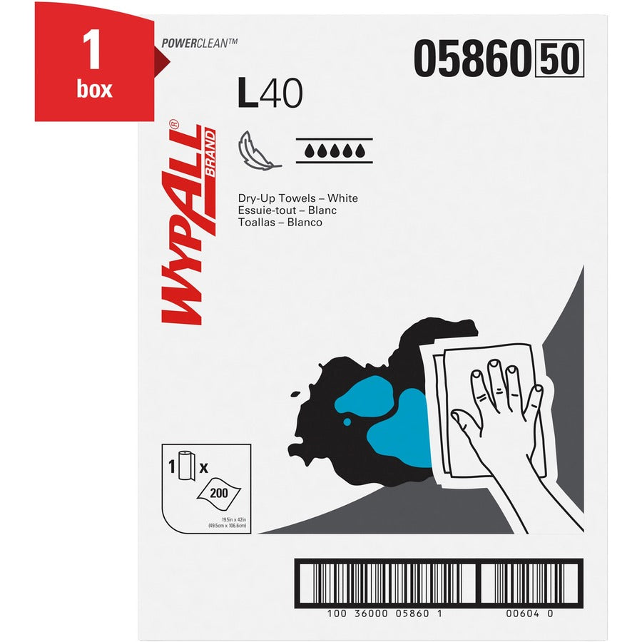 Wypall Power Clean L40 Extra Absorbent Towels - 19.50" Width x 42" Length - 200 Sheets/Roll - White, Blue - Hydroknit - 1 Carton