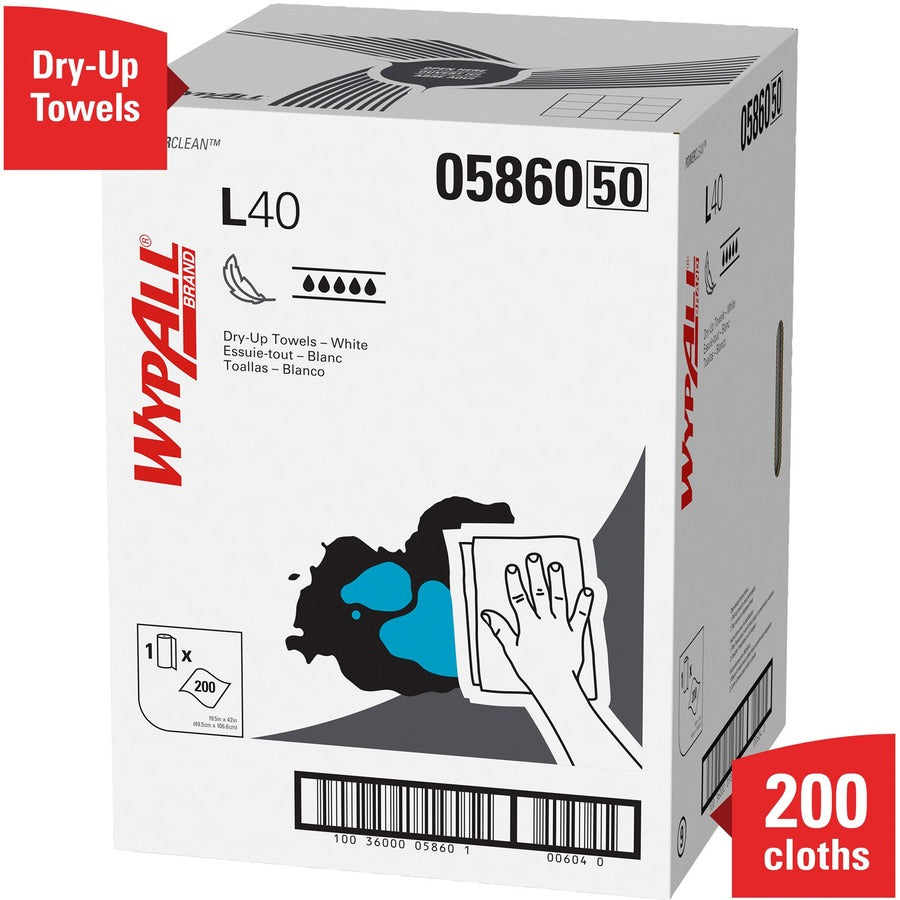 Wypall Power Clean L40 Extra Absorbent Towels - 19.50" Width x 42" Length - 200 Sheets/Roll - White, Blue - Hydroknit - 1 Carton