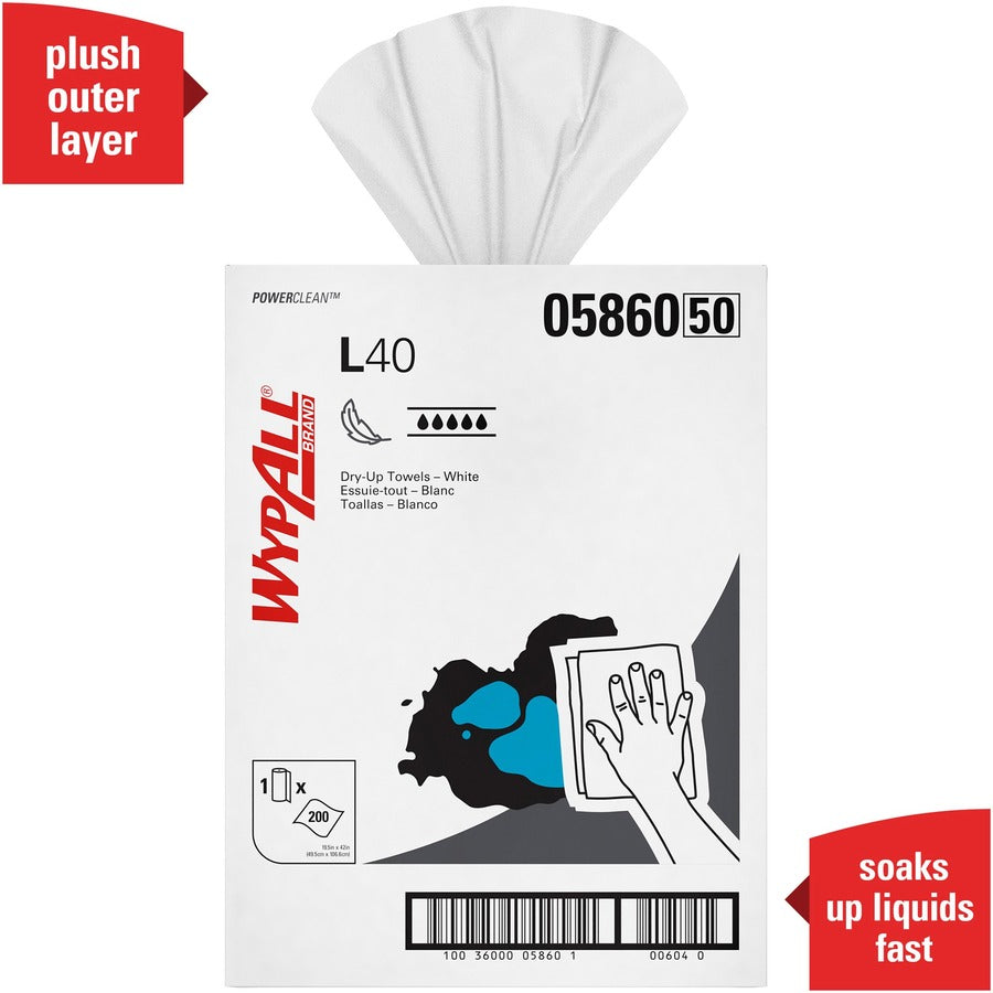 Wypall Power Clean L40 Extra Absorbent Towels - 19.50" Width x 42" Length - 200 Sheets/Roll - White, Blue - Hydroknit - 1 Carton