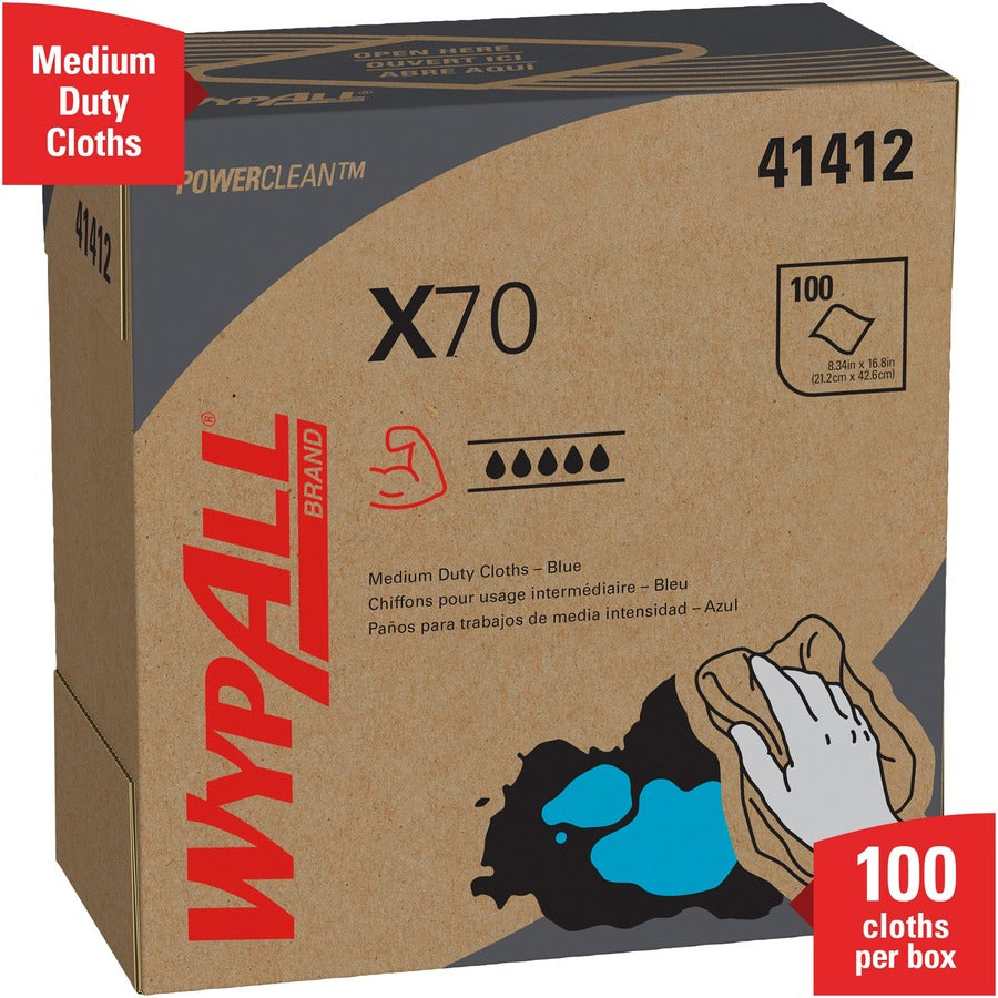 Wypall PowerClean X70 Medium Duty Cloths - Pop-Up Box - 16.80" Length x 9.10" Width - Recommended For: Oil Remover, Grime Remover - Durable, Absorbent, Reusable, Heavy Duty - Blue - 100/Box - 1 Carton