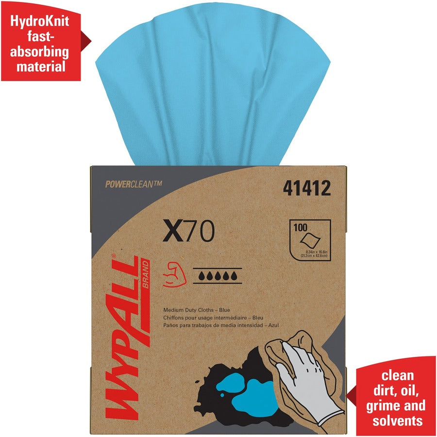 Wypall PowerClean X70 Medium Duty Cloths - Pop-Up Box - 16.80" Length x 9.10" Width - Recommended For: Oil Remover, Grime Remover - Durable, Absorbent, Reusable, Heavy Duty - Blue - 100/Box - 1 Carton