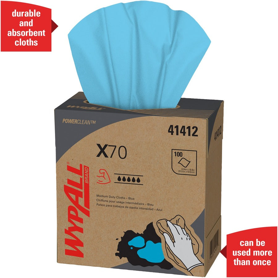 Wypall PowerClean X70 Medium Duty Cloths - Pop-Up Box - 16.80" Length x 9.10" Width - Recommended For: Oil Remover, Grime Remover - Durable, Absorbent, Reusable, Heavy Duty - Blue - 100/Box - 1 Carton