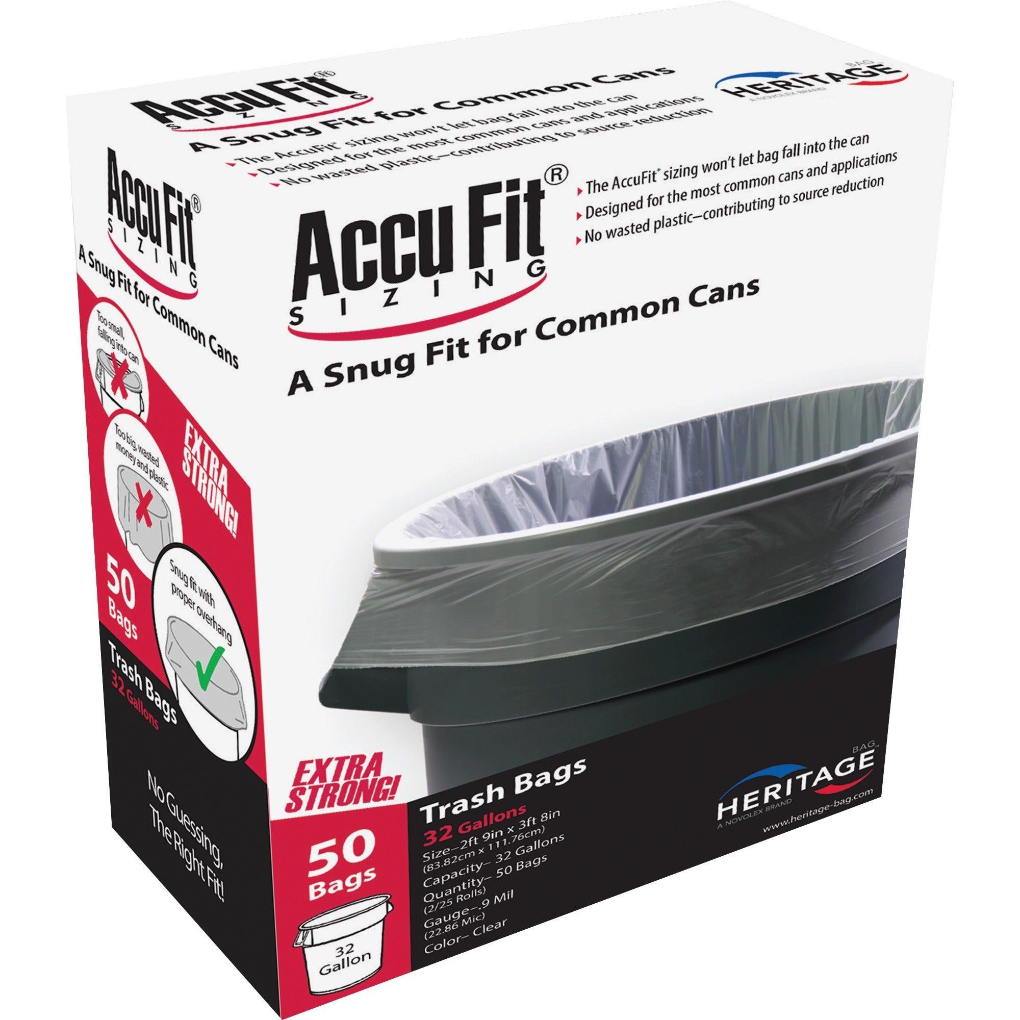 Heritage Accufit Reprime 32 Gallon Can Liners - 32 gal Capacity - 44" Length x 33" Width x 0.90 mil (23 Micron) Thickness - Low Density - Clear - Linear Low-Density Polyethylene (LLDPE) - Garbage - 50 / Box
