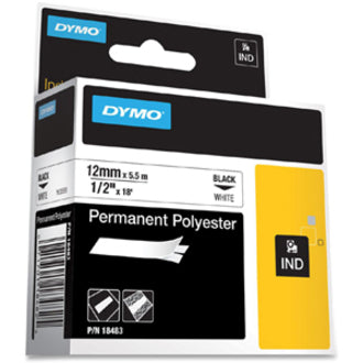 Dymo Rhino Permanent Poly Labels - 1/2" Width - Permanent Adhesive - Thermal Transfer - White, Black - Polyester - Easy Peel - 1 Each