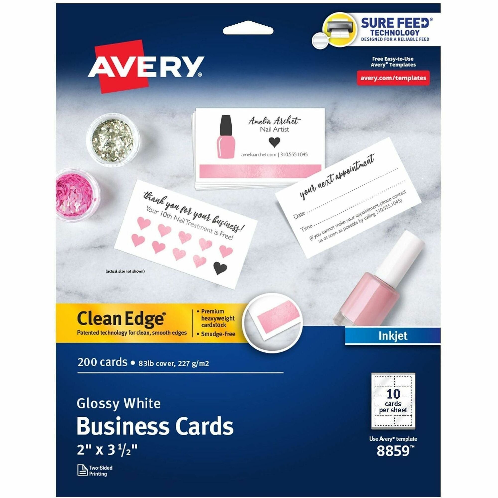 110 Brightness - A4 - 8 1/2" x 11" - 83 lb Basis Weight - 227 g/m² Grammage - Glossy - Heavyweight, Rounded Corner, Smooth Edge, Jam-free, Smudge-free, Double-sided, Printable, Avery Clean Edge Technology - White - 20 Sheets - 200 / Pack
