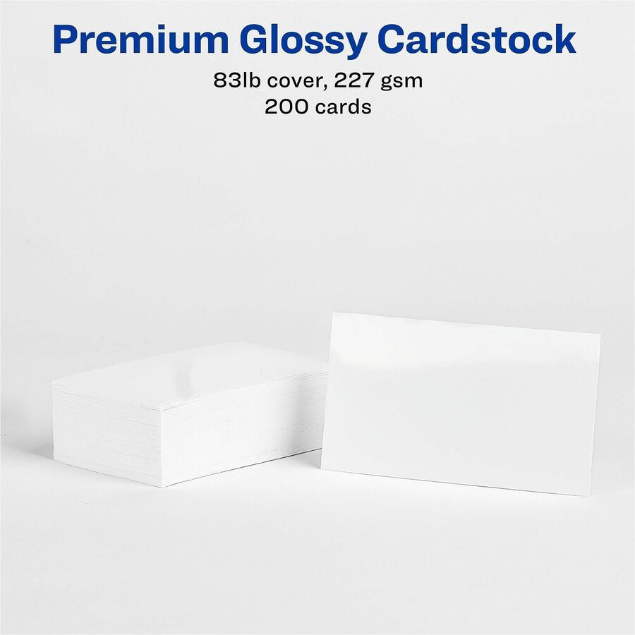 110 Brightness - A4 - 8 1/2" x 11" - 83 lb Basis Weight - 227 g/m² Grammage - Glossy - Heavyweight, Rounded Corner, Smooth Edge, Jam-free, Smudge-free, Double-sided, Printable, Avery Clean Edge Technology - White - 20 Sheets - 200 / Pack
