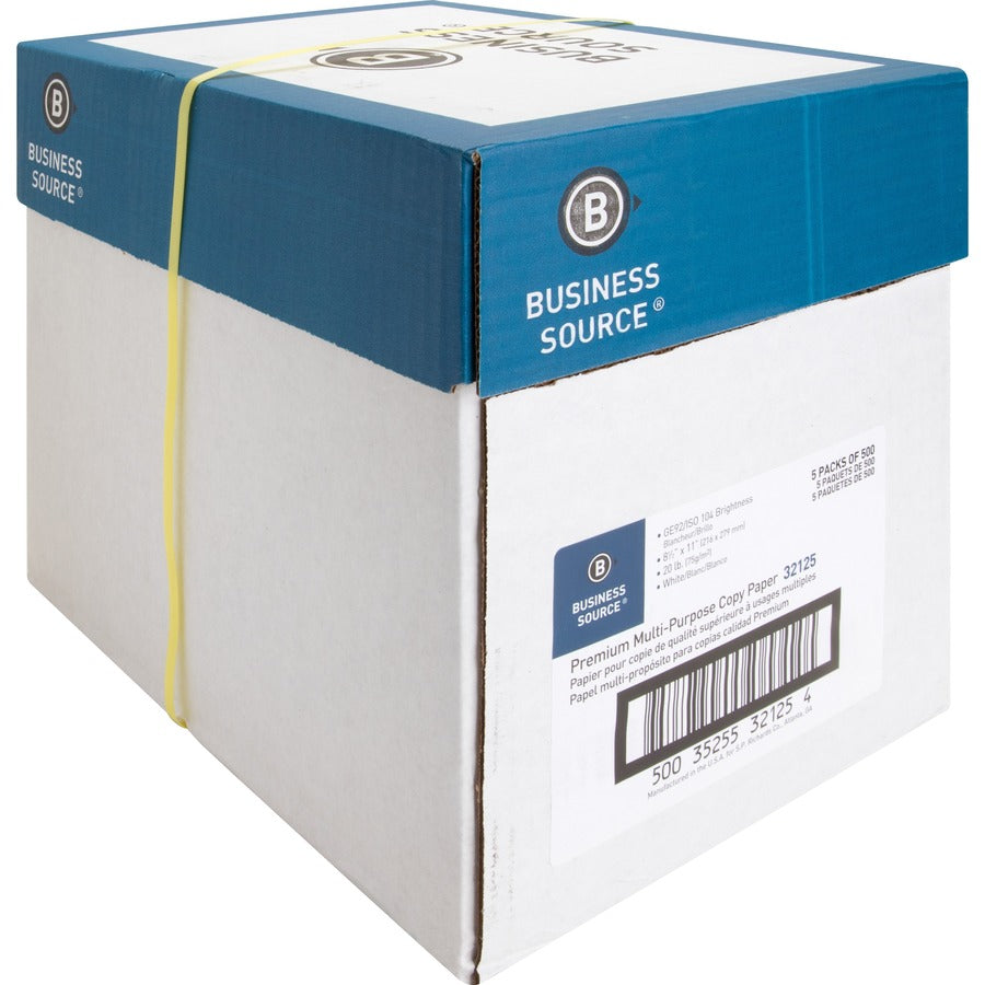 Business Source Premium Multipurpose Copy Paper - White - 92 Brightness - Letter - 8 1/2" x 11" - 20 lb Basis Weight - Acid-free - White - 2500 Sheets - 500 Sheets per Ream - 5 / Carton
