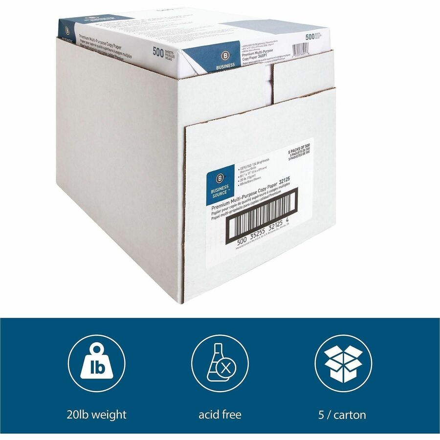 Business Source Premium Multipurpose Copy Paper - White - 92 Brightness - Letter - 8 1/2" x 11" - 20 lb Basis Weight - Acid-free - White - 2500 Sheets - 500 Sheets per Ream - 5 / Carton