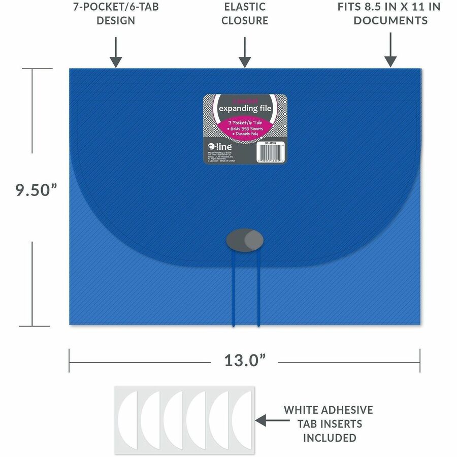 8 1/2" x 11" - 7 Pocket(s) - Polypropylene - Blue - Acid-free, Non-toxic, Button Closure - 1 Each