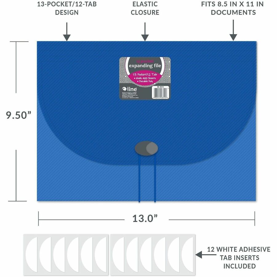 8 1/2" x 11" - 13 Pocket(s) - Polypropylene - Blue - Acid-free, Non-toxic, Button Closure - 0% Recycled - 1 Each