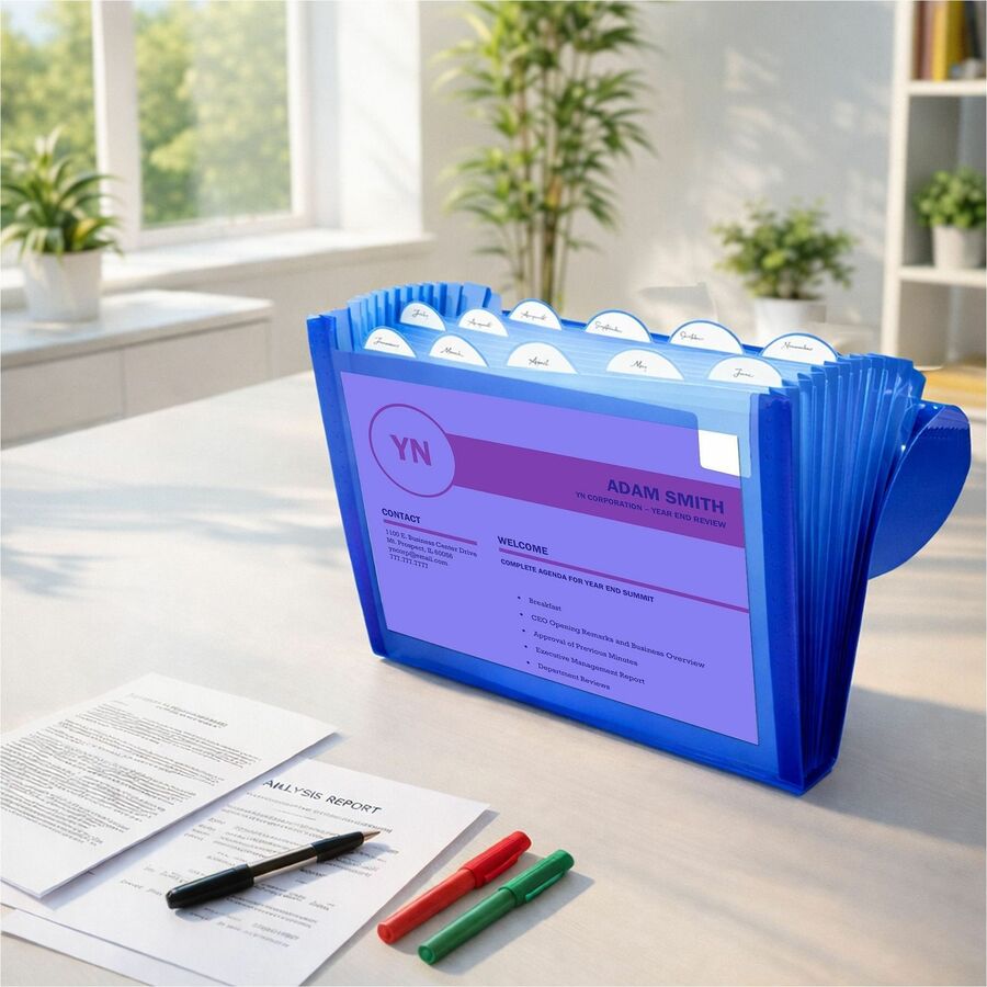 8 1/2" x 11" - 13 Pocket(s) - Polypropylene - Blue - Acid-free, Non-toxic, Button Closure - 0% Recycled - 1 Each