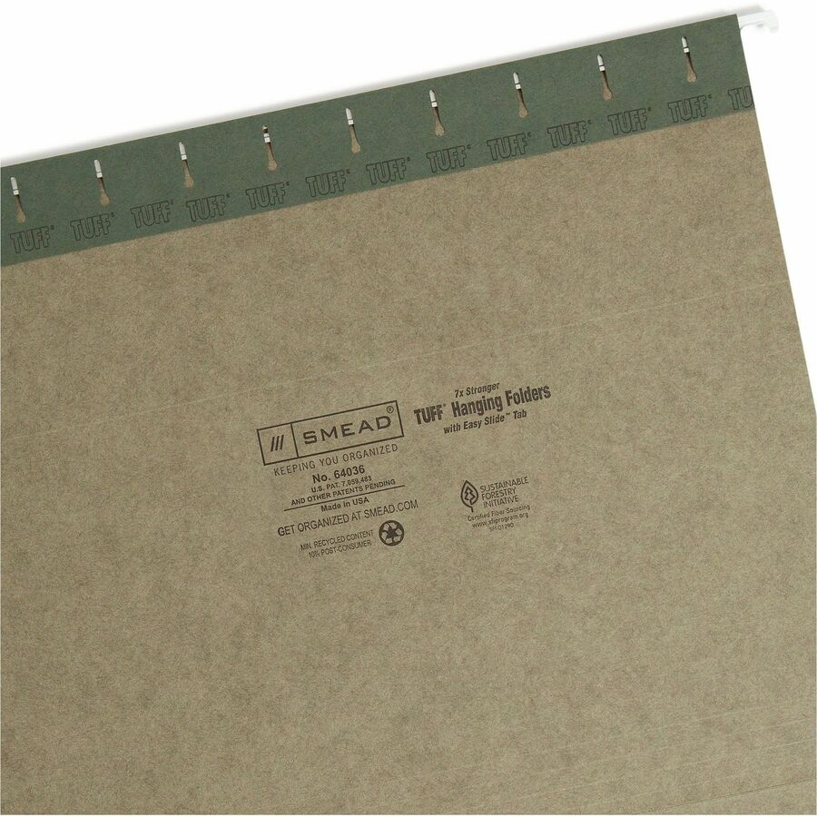 Smead TUFF 1/3 Tab Cut Letter Recycled Hanging Folder - 8 1/2" x 11" - Top Tab Location - Assorted Tab Position - 11 pt. - Standard Green - Heavy Duty, Tear Resistant - 10% Recycled - 20 / Box