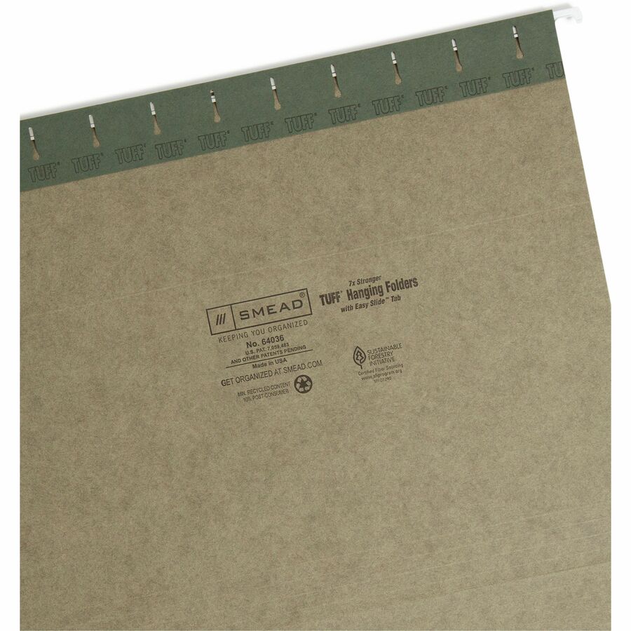 Smead TUFF 1/3 Tab Cut Letter Recycled Hanging Folder - 8 1/2" x 11" - Top Tab Location - Assorted Tab Position - 11 pt. - Standard Green - Heavy Duty, Tear Resistant - 10% Recycled - 20 / Box