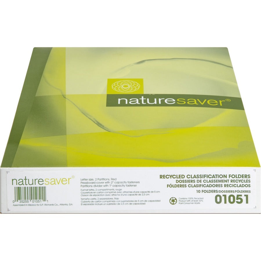 Nature Saver 2/5 Tab Cut Letter Recycled Classification Folder - 8 1/2" x 11" - 6 Fastener(s) - 2" for Folder, 1" for Divider - 2 Divider(s) - 25 pt. - Pressboard - Red - Tyvek Gusset - 100% Recycled - 10 / Box