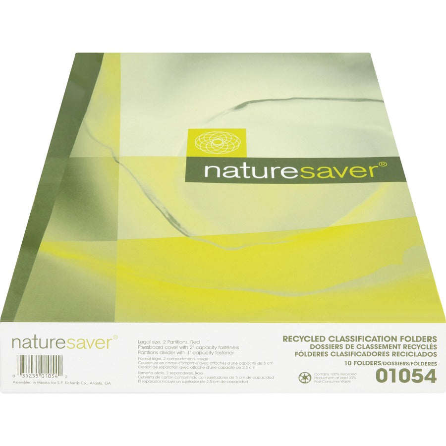 Nature Saver 2/5 Tab Cut Legal Recycled Classification Folder - 8 1/2" x 14" - 6 Fastener(s) - 2" for Folder, 1" for Divider - 2 Divider(s) - 25 pt. - Pressboard - Red - Tyvek Gusset - 100% Recycled - 10 / Box