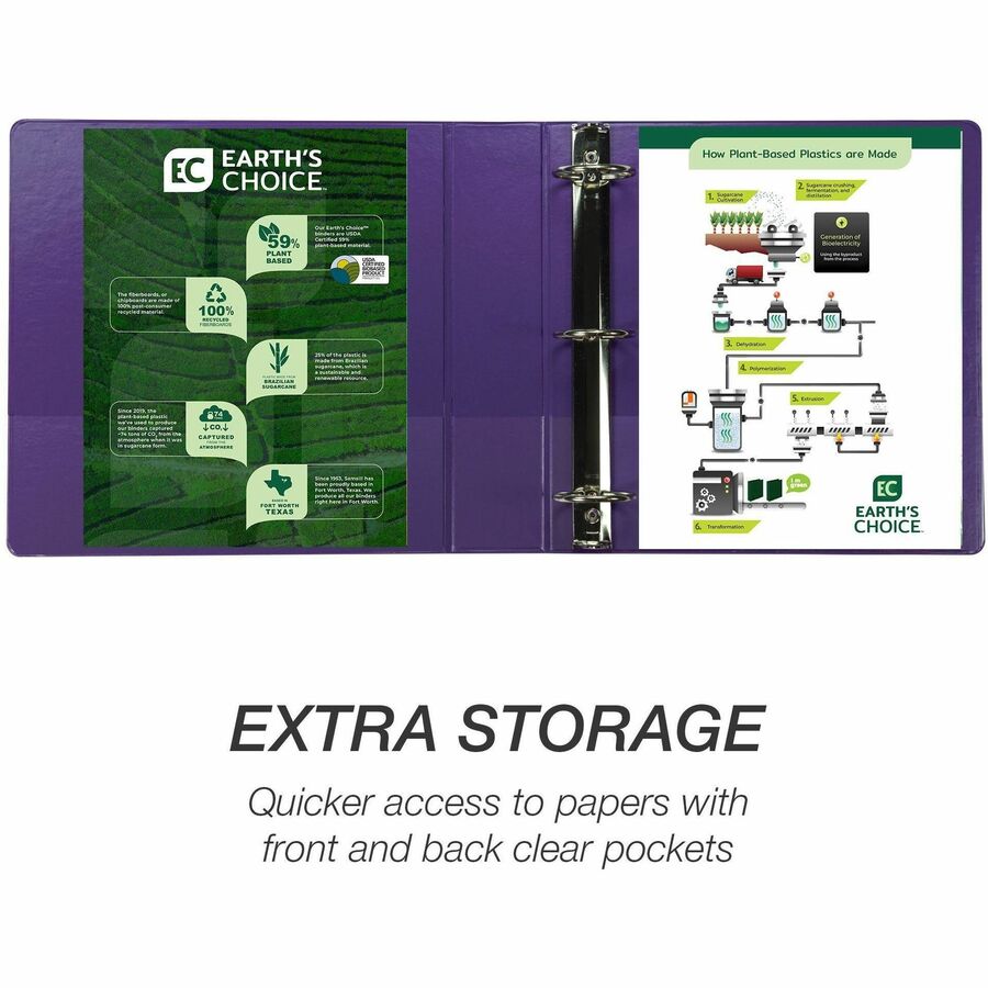 Samsill Earth's Choice Plant-based View Binders, 2" Capacity, Letter Size, 3 Round Rings, 2 Internal Pockets, Purple, Recycled, Clear Overlay, Durable, 2 Pack