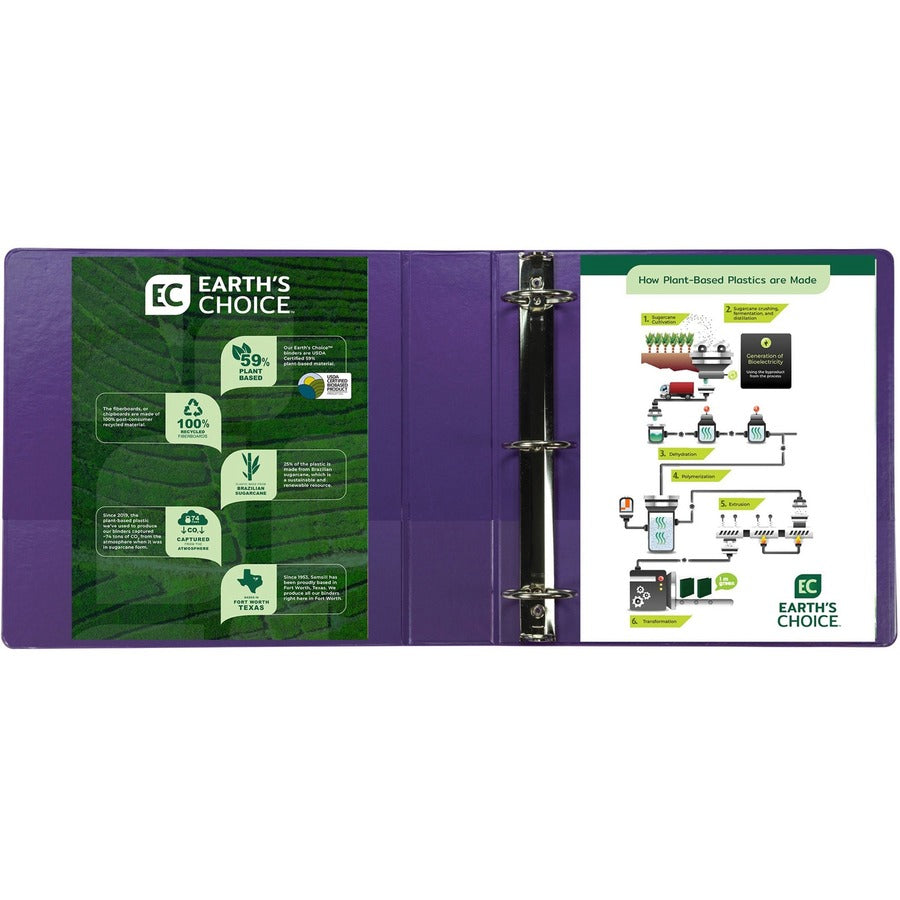 Samsill Earth's Choice Plant-based View Binders, 2" Capacity, Letter Size, 3 Round Rings, 2 Internal Pockets, Purple, Recycled, Clear Overlay, Durable, 2 Pack