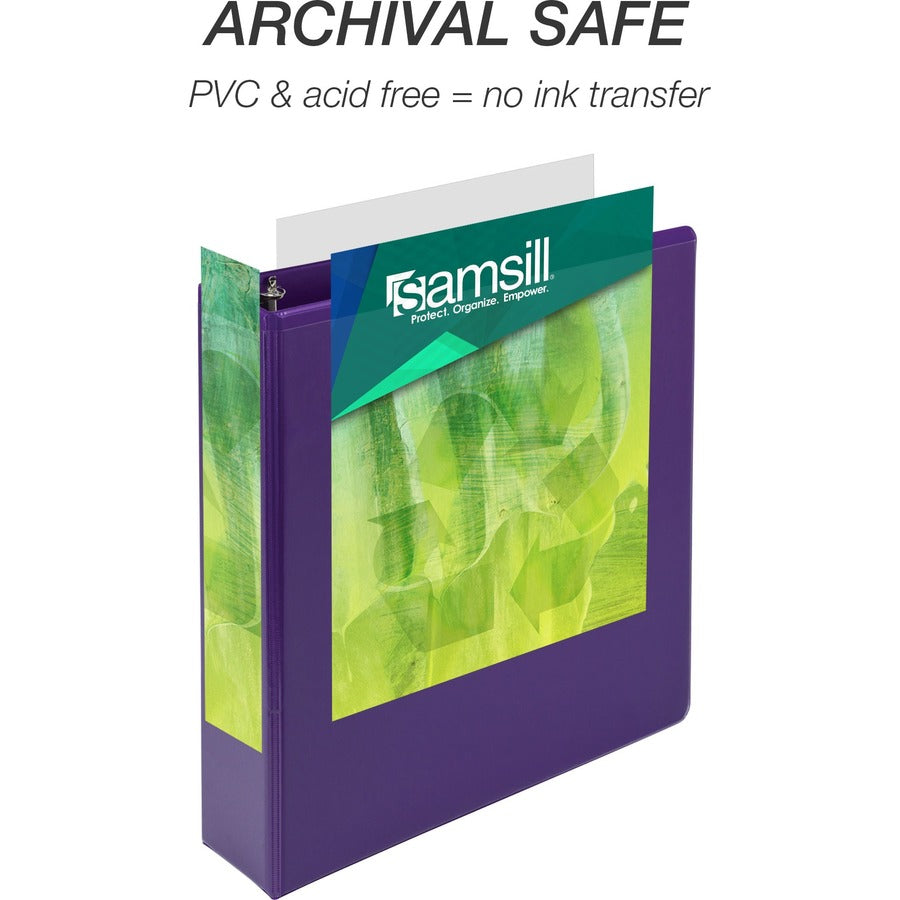 Samsill Earth's Choice Plant-based View Binders, 2" Capacity, Letter Size, 3 Round Rings, 2 Internal Pockets, Purple, Recycled, Clear Overlay, Durable, 2 Pack