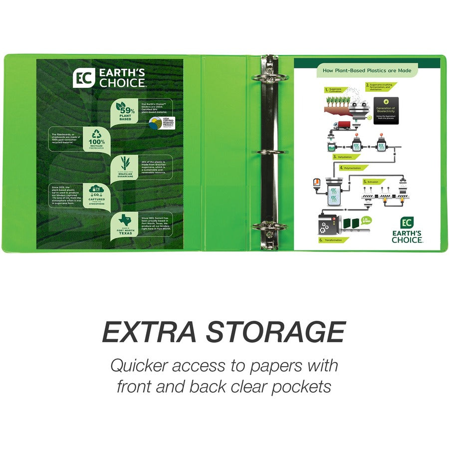 Samsill Earth's Choice Plant-based View Binders, 2" Capacity, Letter Size, 3 Round Rings, 2 Internal Pockets, Lime, Recycled, Durable, Clear Overlay, 2 Pack
