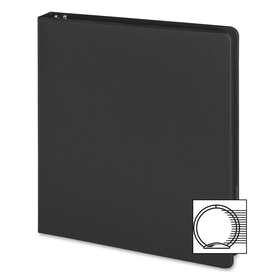 Business Source Basic Round Ring Binder - 1" Binder Capacity - 8 1/2" x 5 1/2" Sheet Size - 240 Sheet Capacity - 3 Ring(s) - Fastener(s): Round Ring - Chipboard, Polypropylene - Black - Open and Closed Triggers, Exposed Rivet, Sturdy - 1 Each