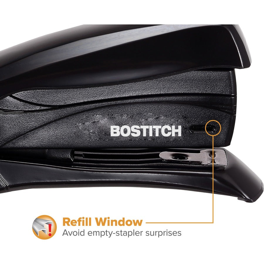 Bostitch Inspire 15 Spring-Powered Compact Stapler - Staples Upto 15 Sheet - Holds Upto 105 Staple - Half Strip - Staple Size: 0.25" - Black - Rubber - 1 Each