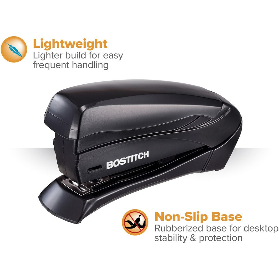 Bostitch Inspire 15 Spring-Powered Compact Stapler - Staples Upto 15 Sheet - Holds Upto 105 Staple - Half Strip - Staple Size: 0.25" - Black - Rubber - 1 Each