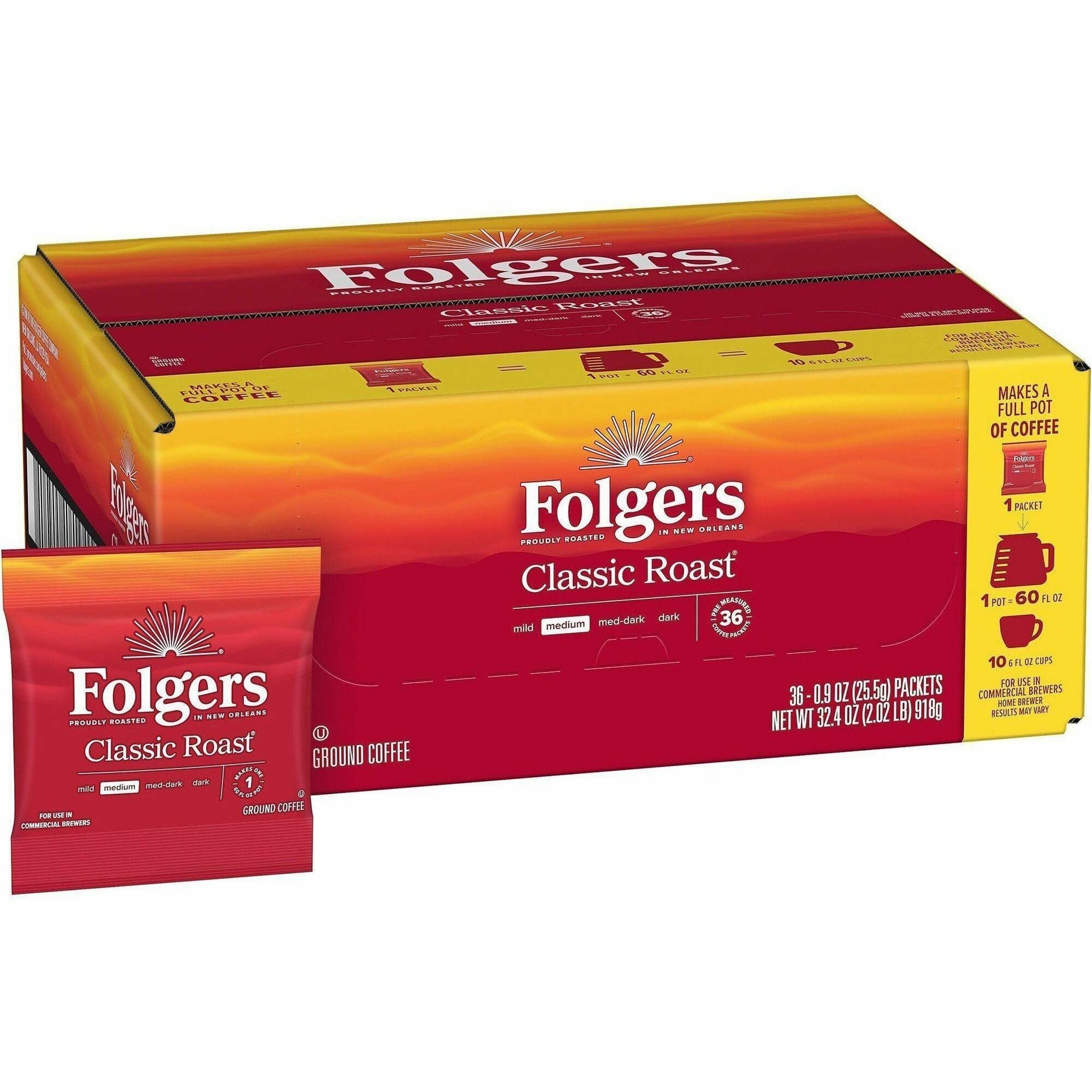 Folgers&reg; Fraction Pack Classic Roast Coffee - Regular - Medium - 0.9 oz - Fraction Pack - 36 / Carton