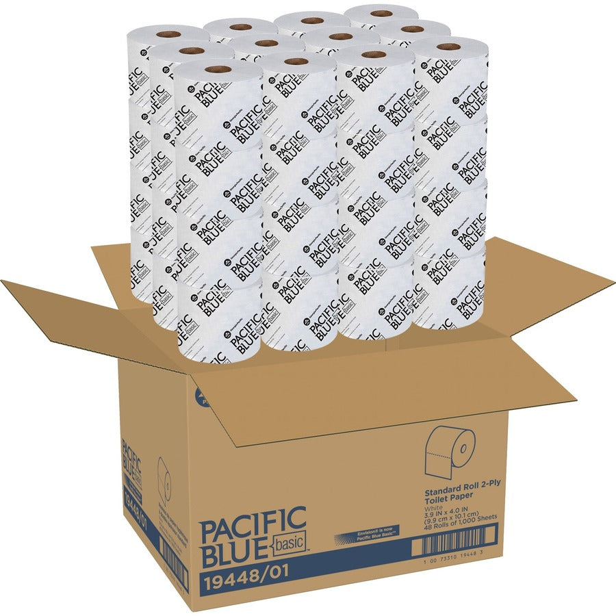 Pacific Blue Basic Standard Roll Toilet Paper - 3.95" Width x 4.05" Length - 1000 Sheets/Roll - White - 48 / Carton