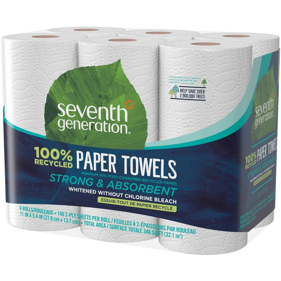 Seventh Generation 100% Recycled Paper Towels - 2 Ply - 11" Width x 5.40" Length - 140 Sheets/Roll - White - Paper - 1 Pack