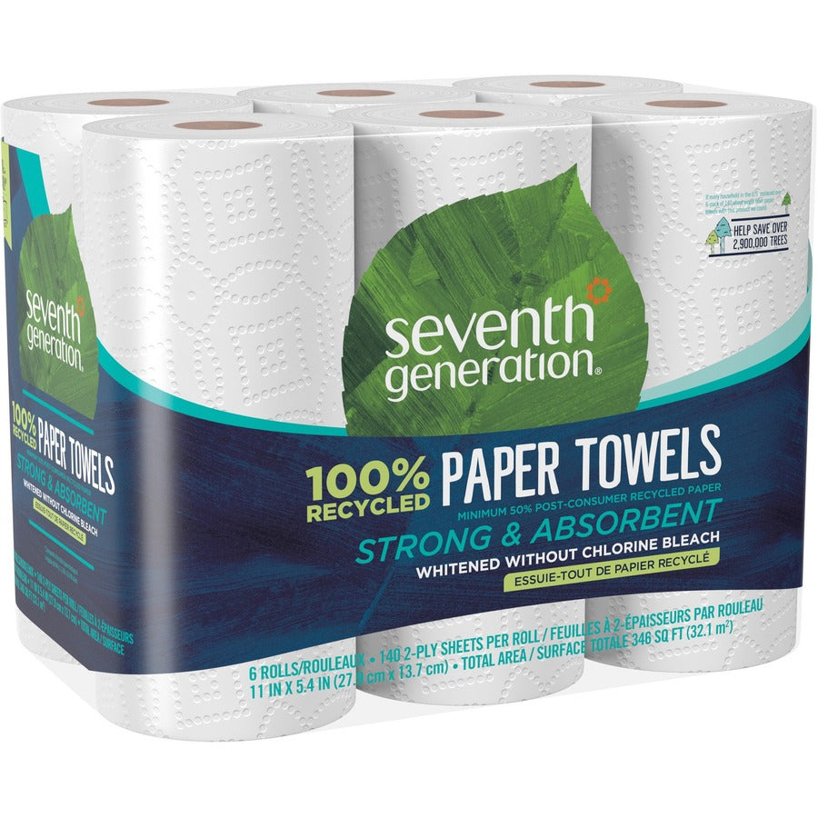 Seventh Generation 100% Recycled Paper Towels - 2 Ply - 11" Width x 5.40" Length - 140 Sheets/Roll - White - Paper - 1 Pack
